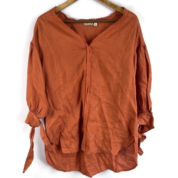 ANTHROPOLOGIE HOLDING HORSES Ginnie Tie Sleeve Linen Tunic Orange V Neck Size S - Picture 3 of 16